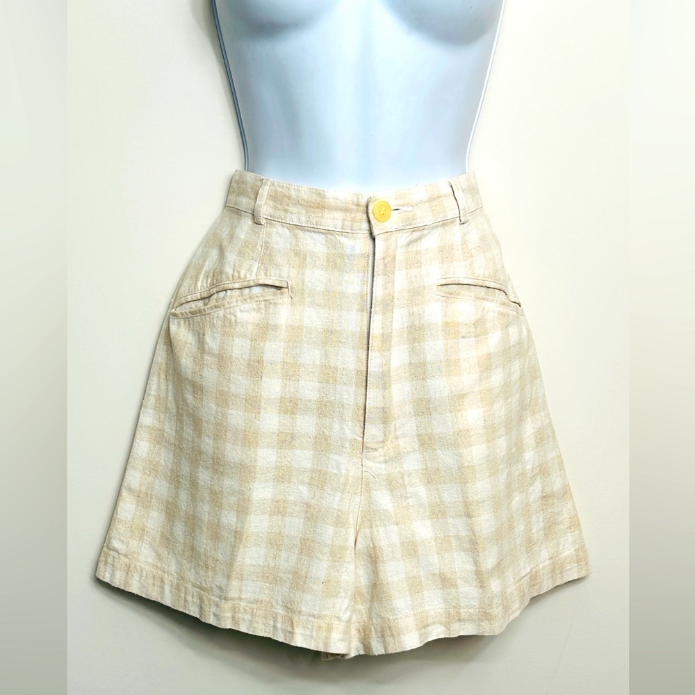 Vintage Tan & White Gingham Plaid ESPRIT Linen Blend Shorts